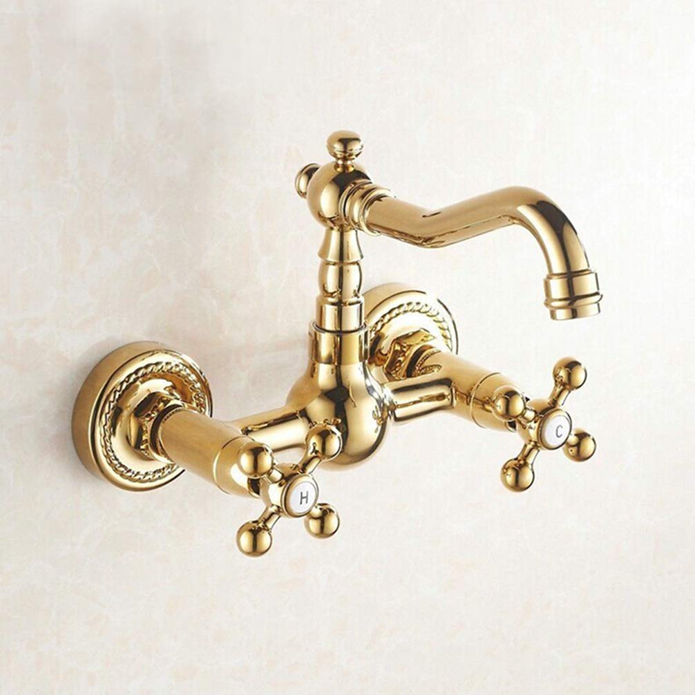 ZYCHSJXA Bathroom Basin Faucets Golden Polished Mixer Tap Wall Mounted Faucet Antique/Gold/Black Kitchen Tap,Gold 1