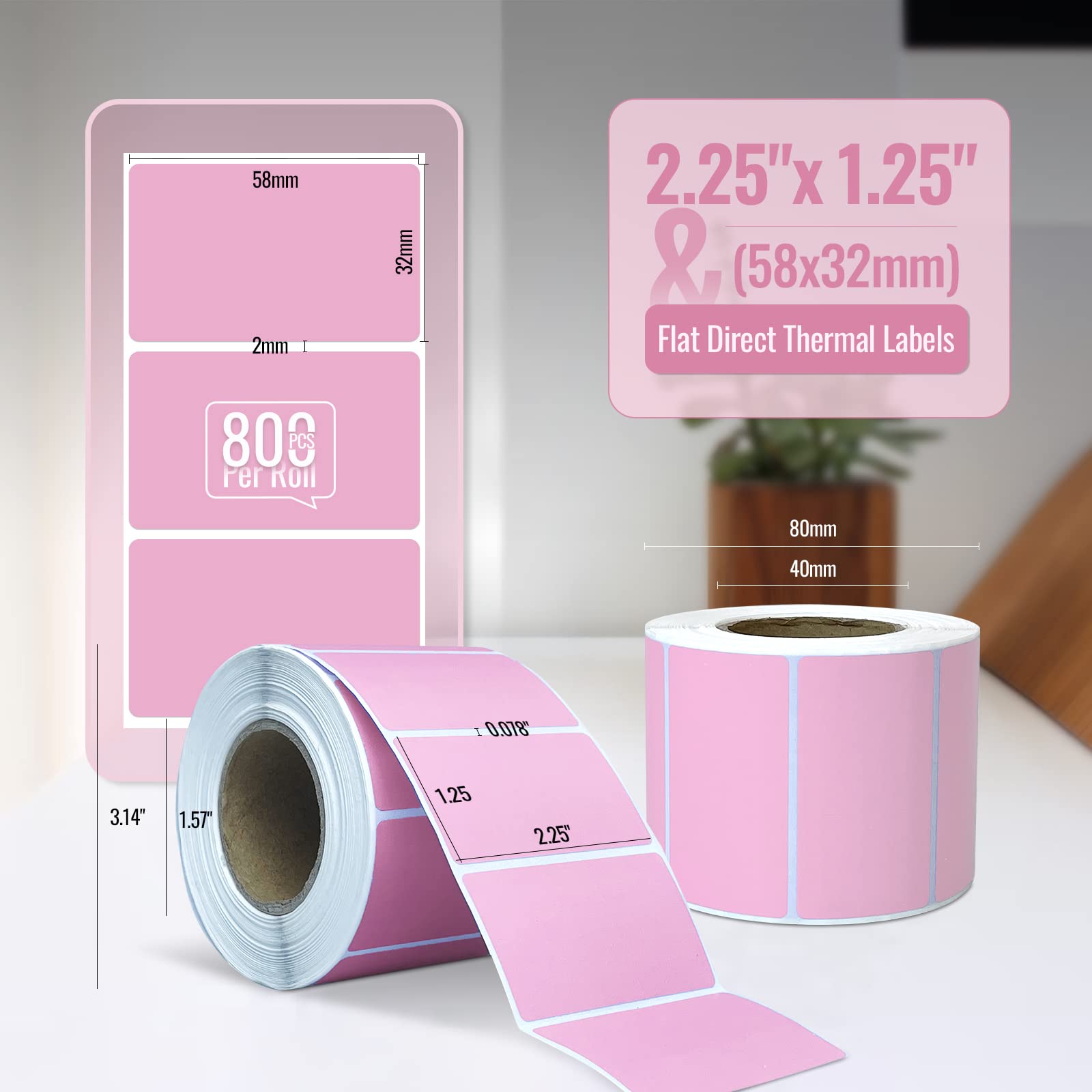 Pink Thermal Labels Flat 1.25 x 2.25 Inch, Hotlabel Direct Thermal Labels, Square for Thermal Label Printers Barcode - Image 2