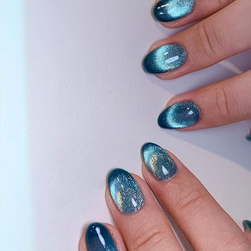 Xcrear - Uñas postizas a presión de ojo de gato, cortas ovaladas, uñas postizas con purpurina azul, uñas postizas de longitud corta, uñas acrílicas,