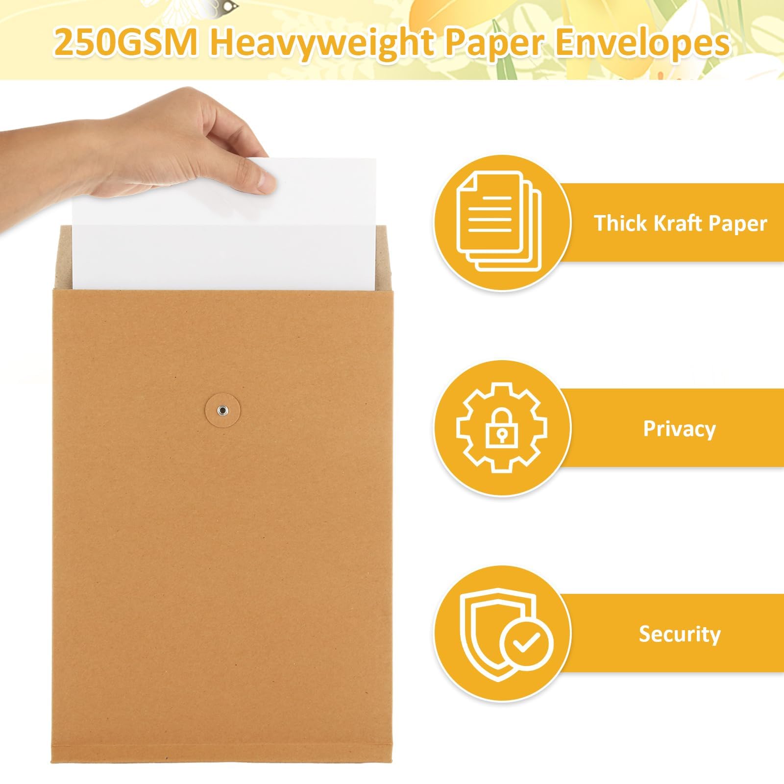 WOPPLXY Confezione da 75 buste in carta kraft da 22,9 x 33 cm, formato A4, con chiusura a bottone, buste di carta pesante da 250 g/m², per affari, ufficio, casa