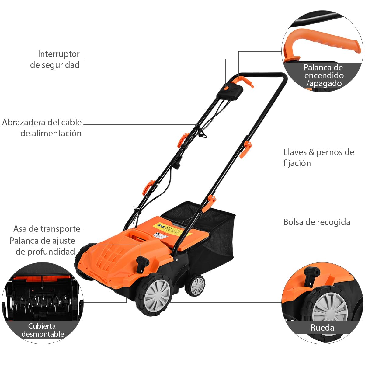 COSTWAY Escarificador Eléctrico 2 en 1, Aireador de Césped con Cable de 12 Amperios, Capacidad de Bolsa 30L, Desmalezador Ajustable de 3 Posiciones y 2 Cuchillas Extraíbles (40L, Naranja)