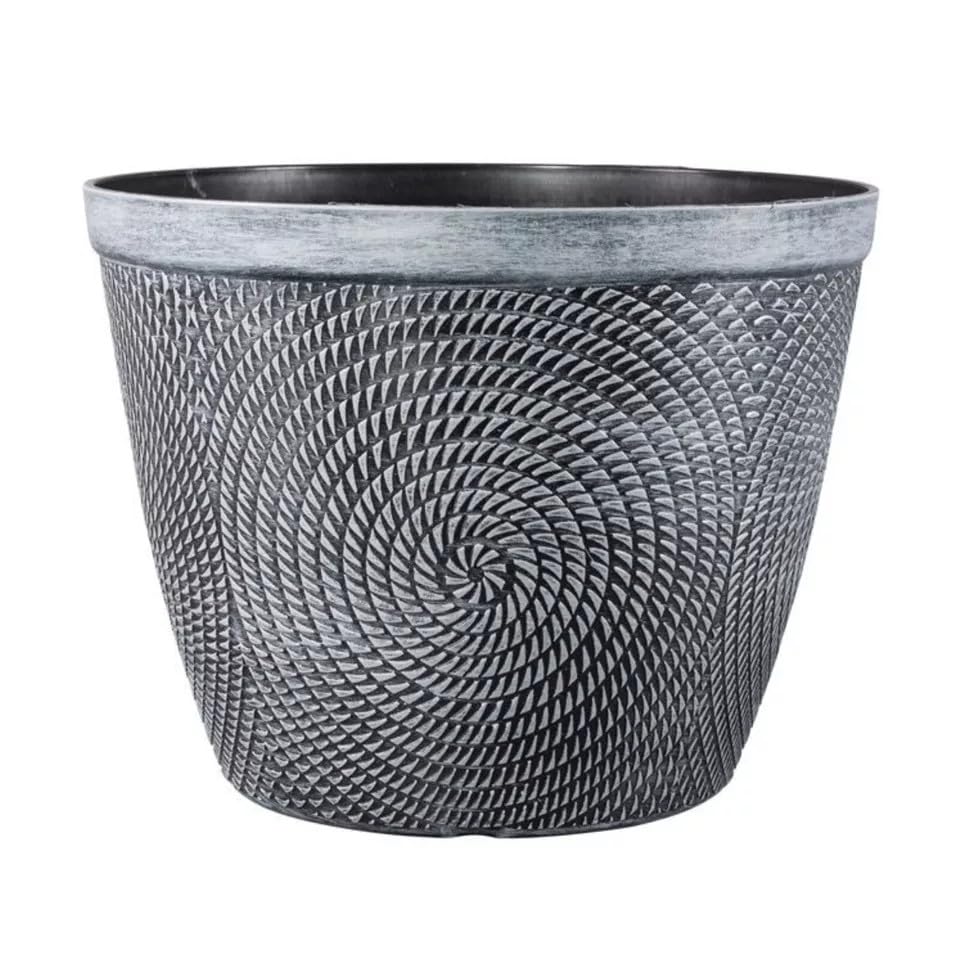 Fyne-Finds Round Grey Plastic Plant Pot 30cm Spiral Effect 11.5L Garden Indoor Outdoor Planter Cover Drainage Holes, Weather, Frost Proof (1)
