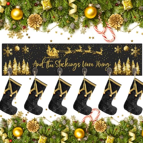 Soaoo Christmas Stocking Holder with 6 Hooks 24.4 x 5.7'' The Stockings were Hung Wood Hanging Sign Reindeer Socks Holder for Wall Xmas Decorations Hangers for Fireplace Mantel(Black, Gold)