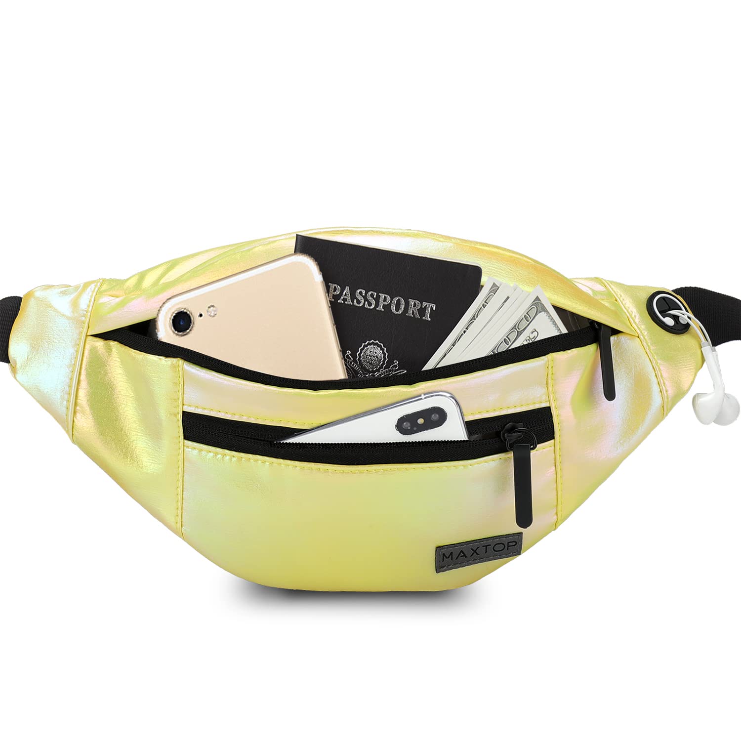 MAXTOP Large Crossbody Fanny Pack with 4-Zipper Pockets, Holographic Yellow(4 Zipper Pockets), Large, Simple