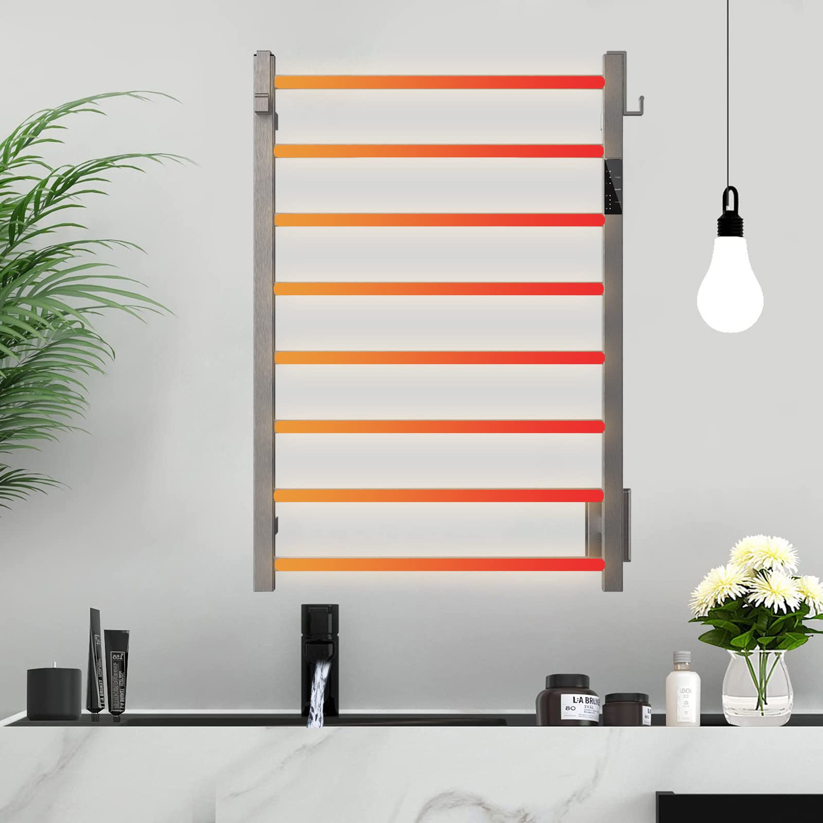 Podgrzewany Wieszak Na Ręczniki, Cyfrowy Wyświetlacz Podgrzewacz Do Ręczników Grzejnik 130 W Wieszak Na Ręczniki 8 Bar Elektryczny Wieszak Na Ręczniki Zegar Drabinka Na Ręczniki Ze Stali Nierdzewnej