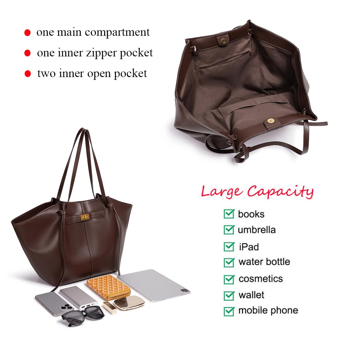 Leder Tote Bag Damen Shopper Tasche Groß Henkeltasche Hobo Handtasche Vintage Schultertasche für Arbeit Schule Einkauf Reisen Büro