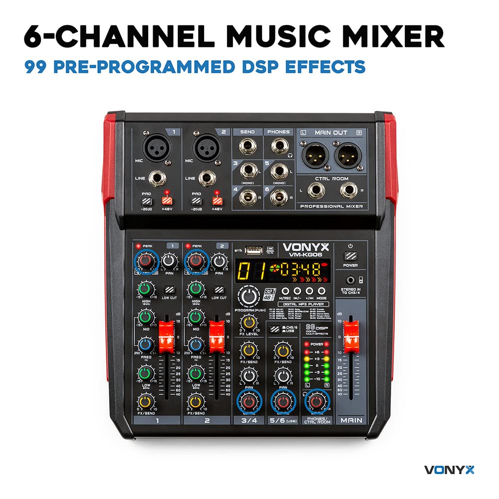Vonyx VM-KG06 analoger Audio Mixer für Bands, Mischpult DJ Mixer, 6 Kanal DJ Mischer mit Bluetooth, MIC, XLR, 6,3mm Jack, DSP Soundeffekt, USB, MP3, Record - Schwarz