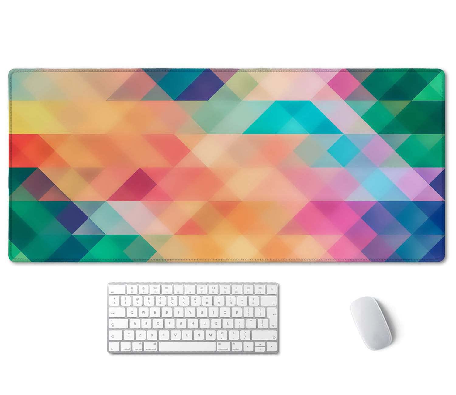 SSOIU Colorful Triangles Print Extended Gaming Mouse Pad (35.5x15.7 in), Large Non-Slip Rubber Base Mousepad with Stitched Edges, Waterproof Keyboard