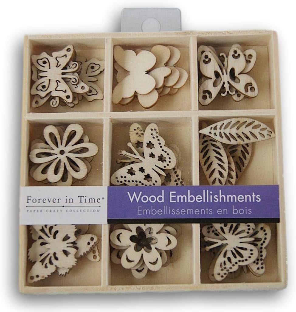 Mini Laser Cuts Wood Shape - Spring Flowers and Butterflies - 45 Pieces - 1'' Across