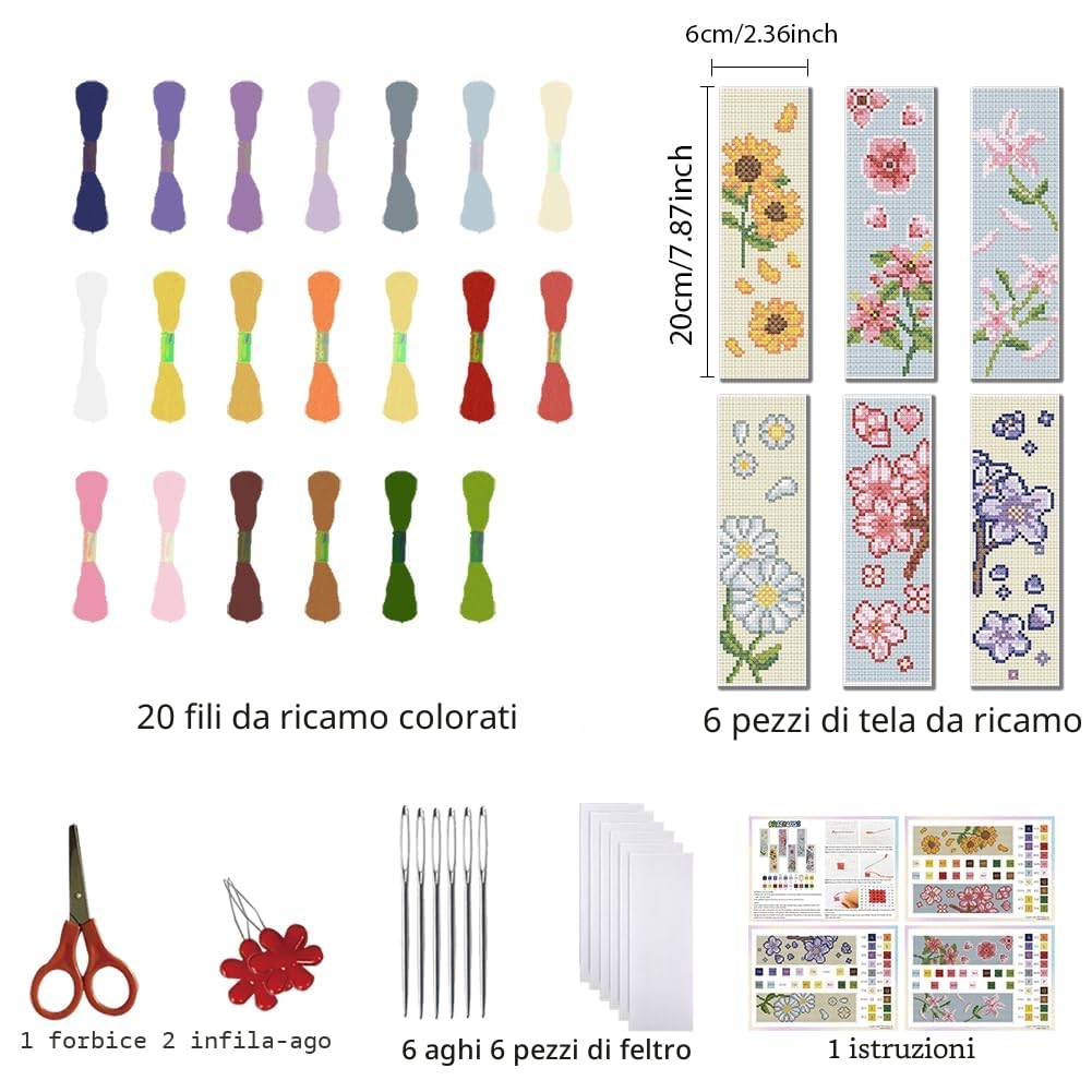 FREEBLOSS Set di 6 kit per punto croce, segnalibro con girasole e istruzioni (lingua italiana non garantita), kit regalo