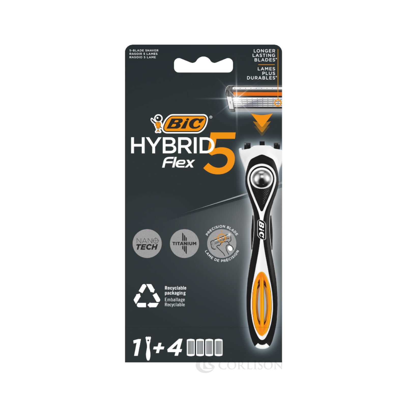 Hybrid 5 Flex, Men's Rechargeable Shaver, Handle and Refills with 5 Nanotech Titanium Coated Blades - Box of 1+4
