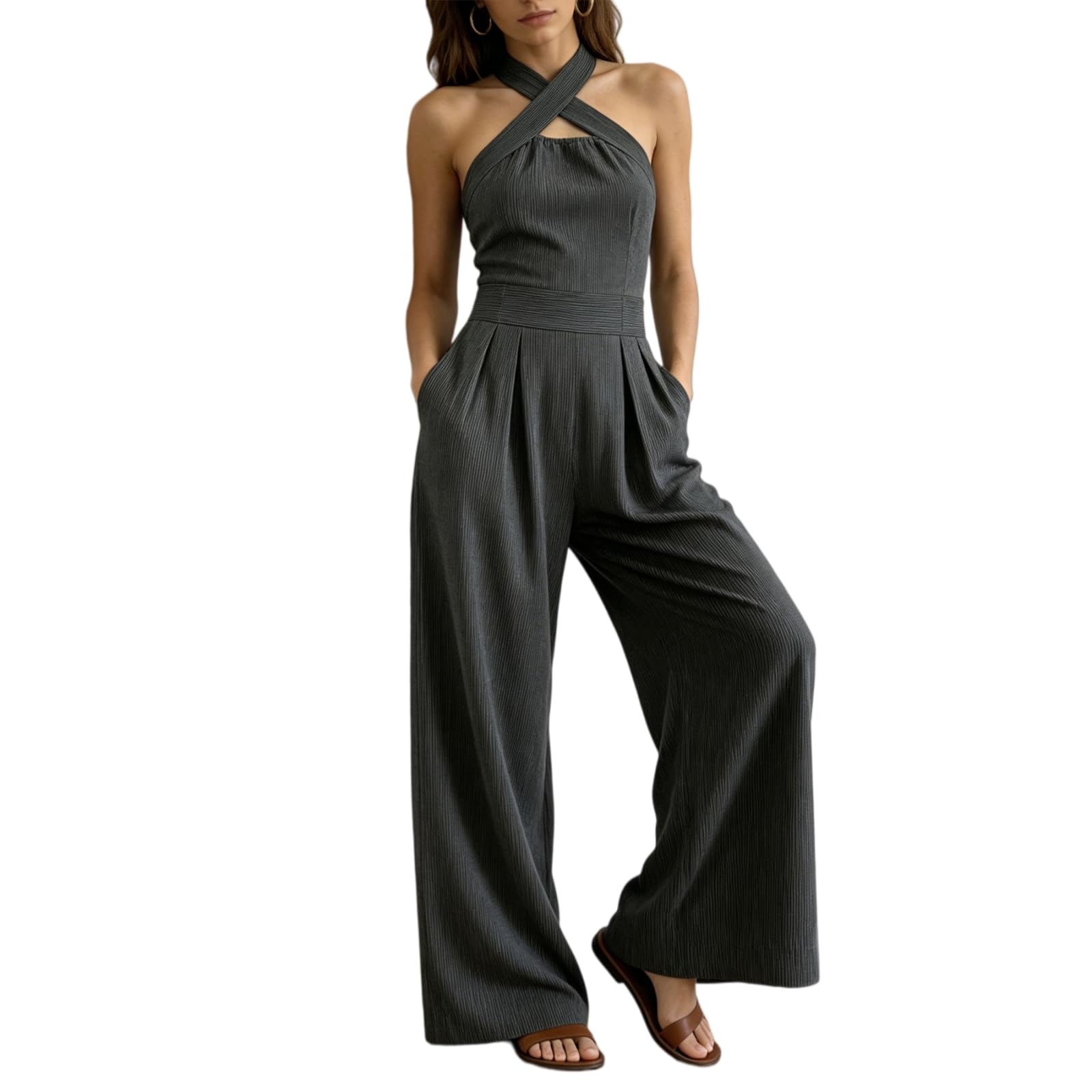 Générique Combinaison pantalon sans manches à jambes larges et poches, col halter croisé, en mélange coton et lin, tenue décontractée une pièce