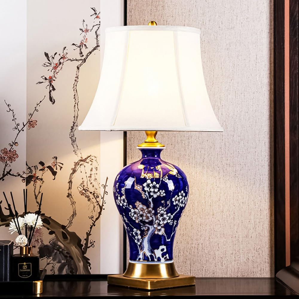 Lampka nocna do sypialni stolik nocny - ceramiczna lampa do salonu, lampka nocna z lnianym kloszem, nowoczesna lampa do sypialni (przełącznik przyciskowy)