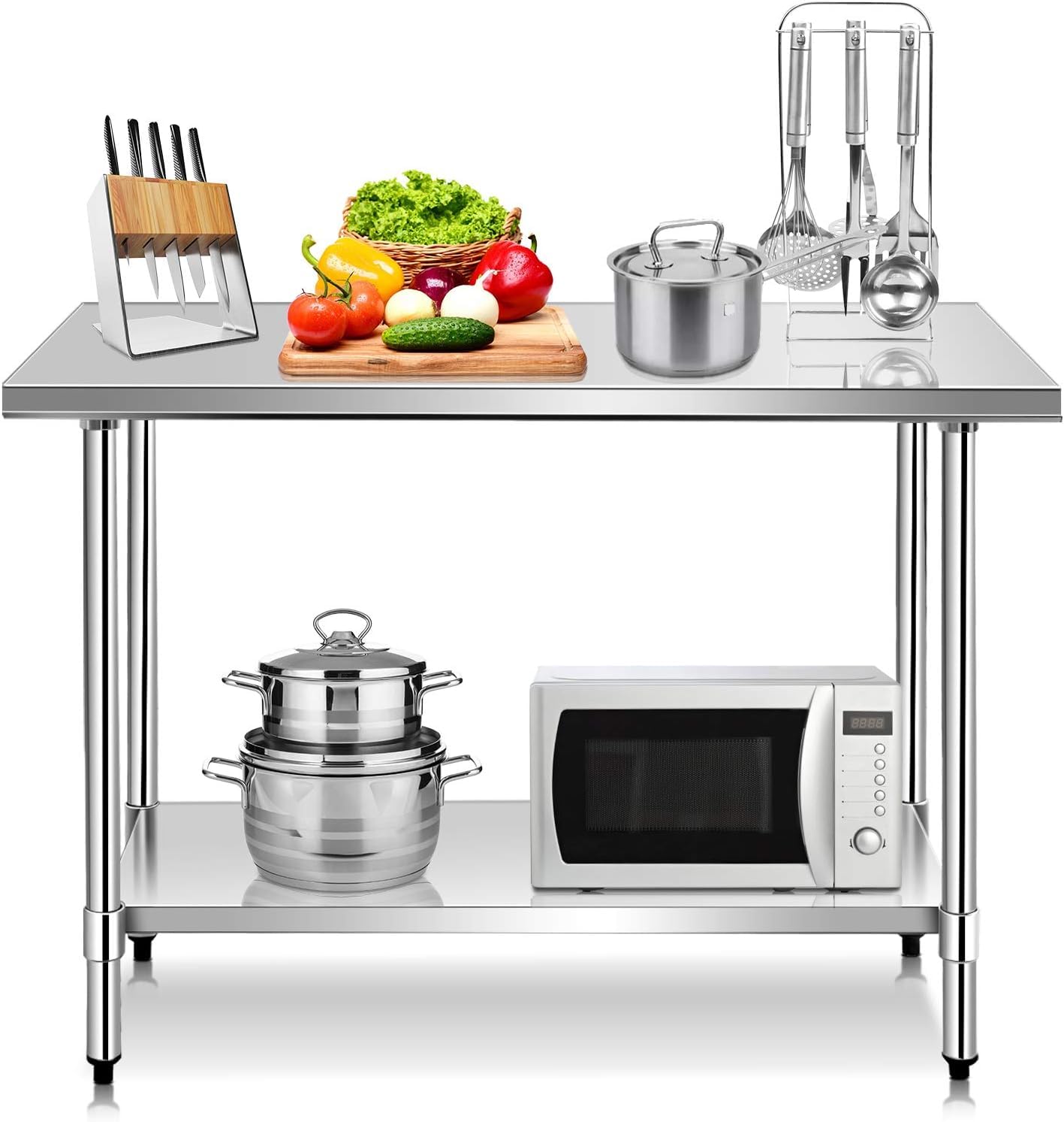 GOPLUS Mesa de Trabajo de Cocina de Acero Inoxidable con 2 Estantes, Mesa de Trabajo Profesional para Cocina y Operaciones Industriales (122 x 61 x 90 CM)