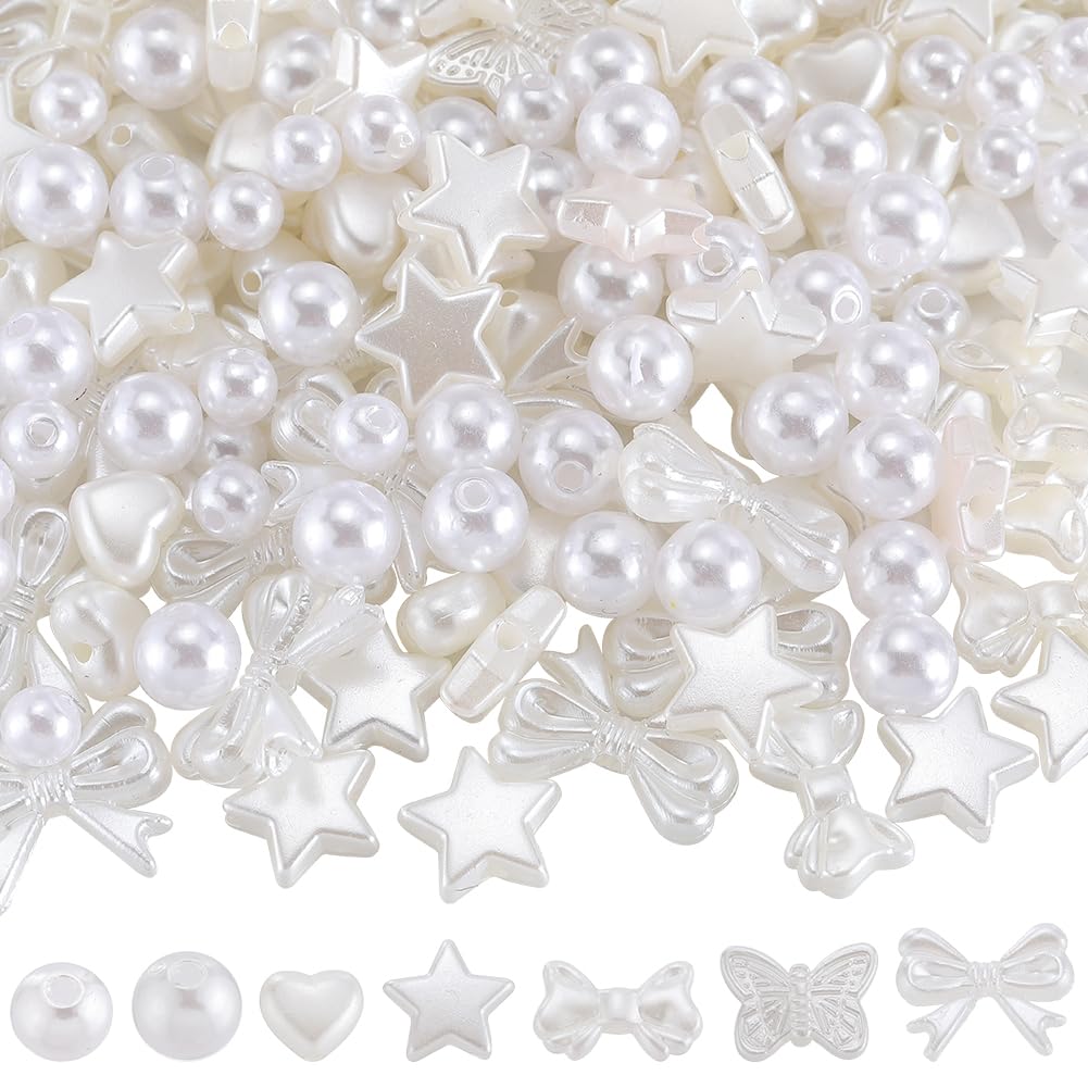 SUNNYCLUE 450 Stück ABS Perlen-Set – Herz, Stern, Schleife, Schmetterling, Rund, Weiß, Für DIY-Schmuck