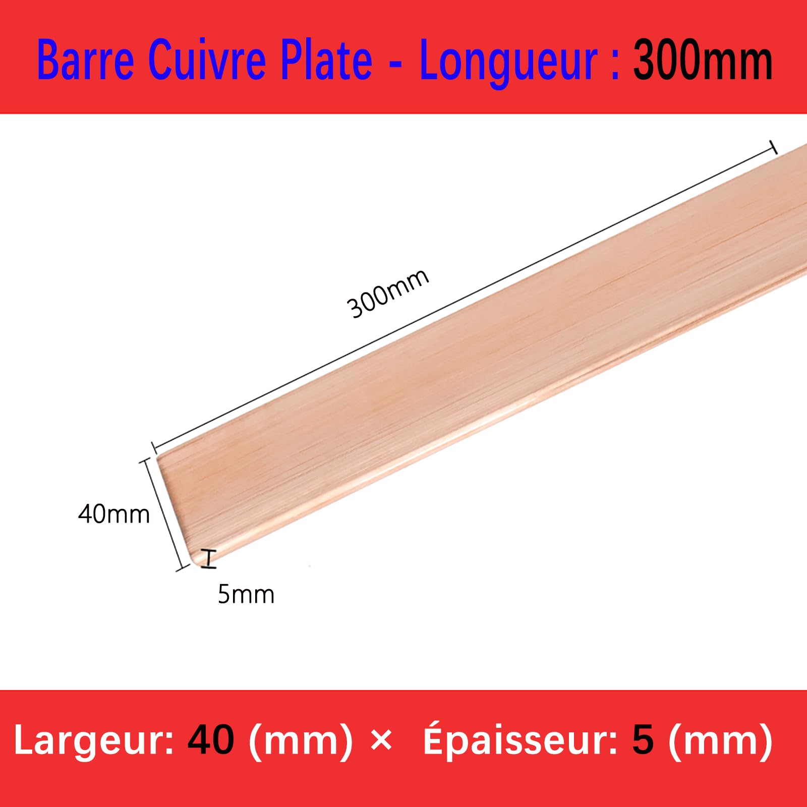 1 Piastra/barra in rame piatto 5 mm x 40 mm x 300 mm (rame T2 puro 99,9%) per terra elettrica, lavorazione del metallo e fai da te