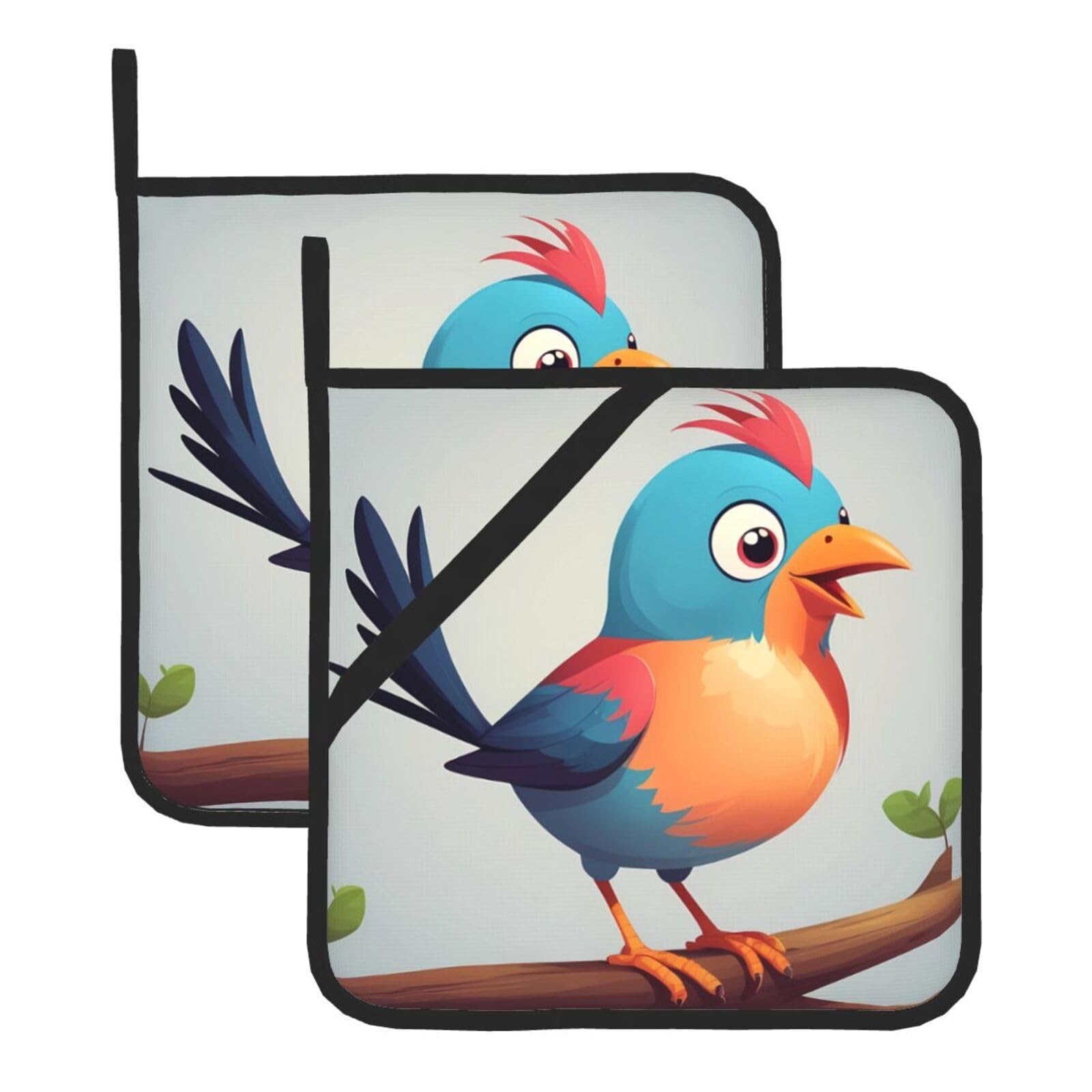 HJFCZH Cartoon Bird Printed Square Insulated Pot Mat Set (2-Piece) 8x8in Waterproof, Thickened & Easy to Clean with Lanyard Design for Kitchen, Oven & BBQ