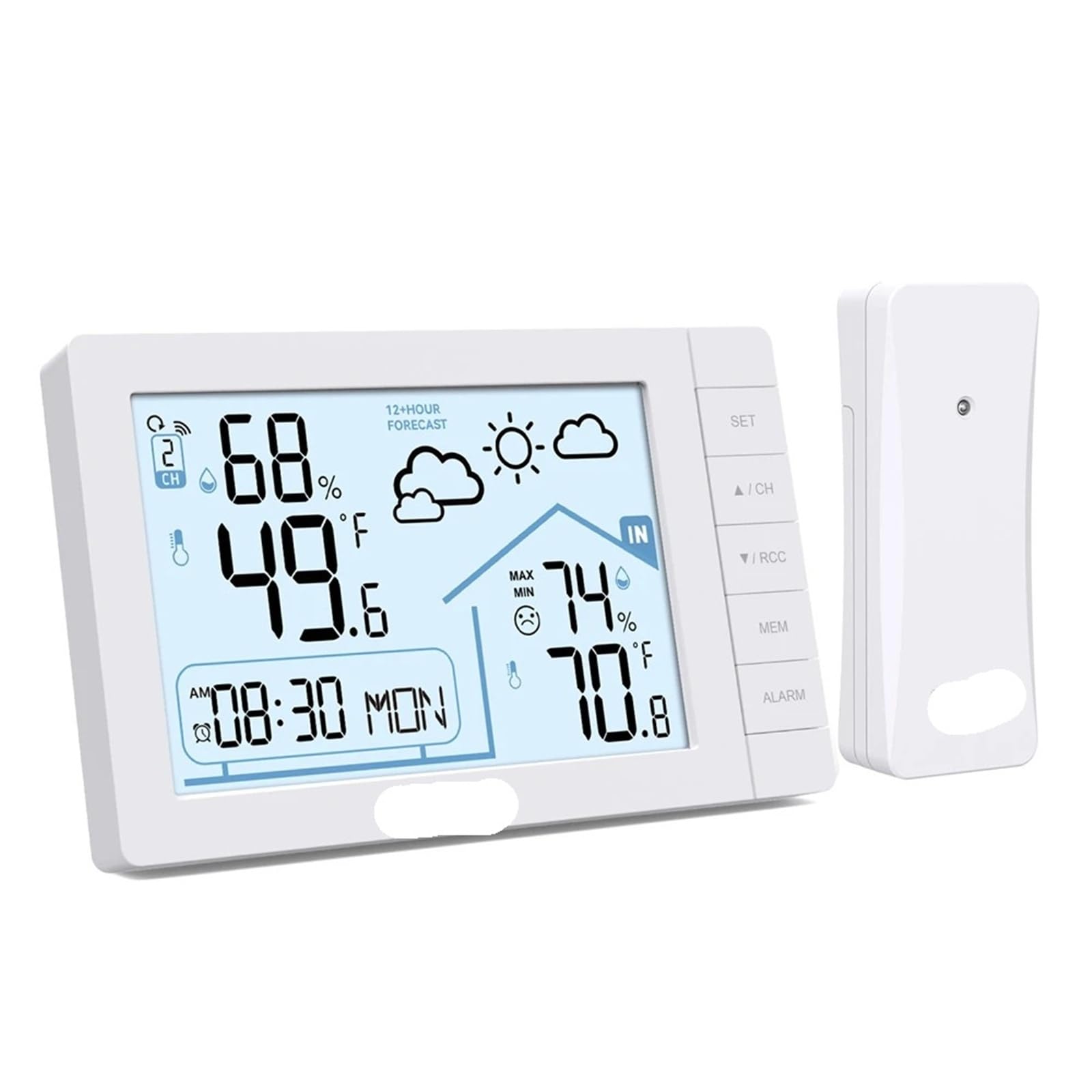 LADFRTYU Atomic Digital Wall Clock Wireless Weather Station Digital Wall Table Atomic Alarm Clock Hygrometer Thermometer Frost Alert Forecast Sensor -40C(White)
