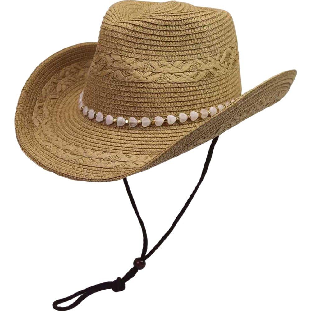 Sslvya Straw Cowboy Hats for Women Men Wide Brim Western Hat Retro Beaded Cowgirl Hat with Chin Strap for Travel Beach Vacations