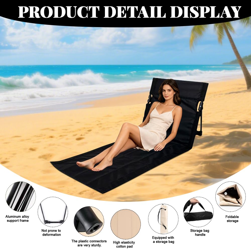 Strandmatte mit Rückenlehne Faltbar, Strandkorb mit Rückenlehne, Strandstuhl Klappbar Leicht mit Tragegurt, Campingstuhl Klein für Garten Konzerte Bergsteigen Camping (C – Schwarz (Lange)
