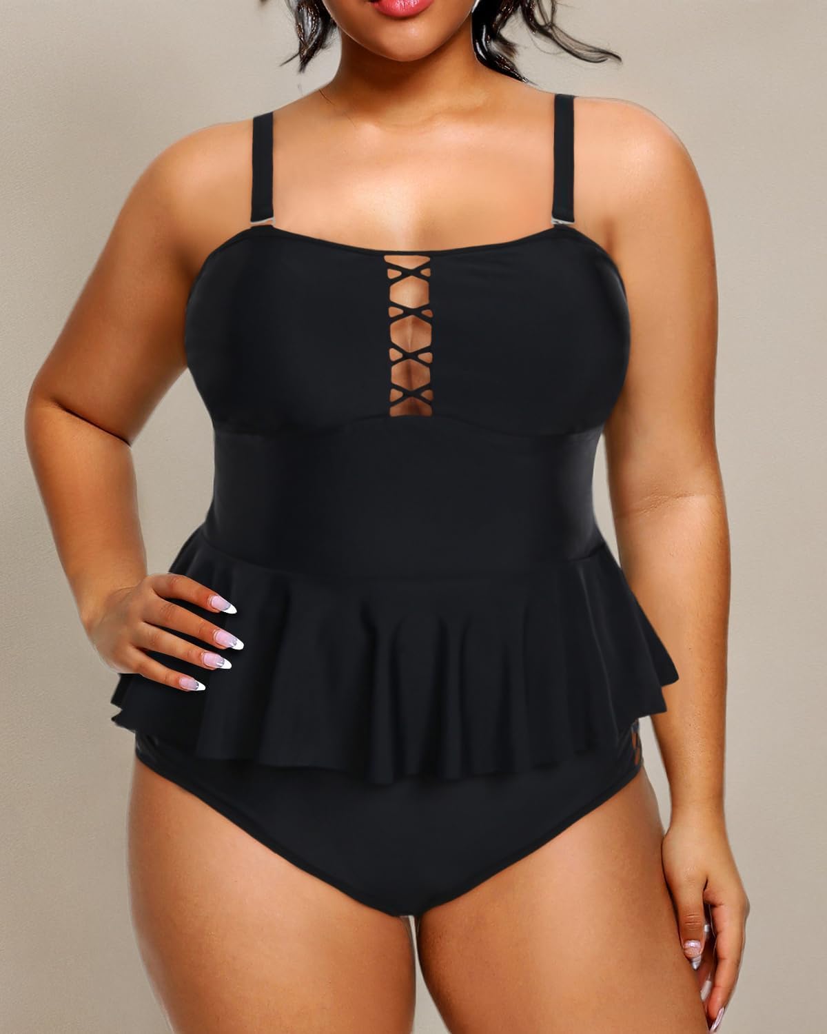 Yonique Plus Size Swimsuits for Women Tummy Control Two Piece Bathing Suits Peplum Tankini Tops High Waisted Swimwear - Image 7