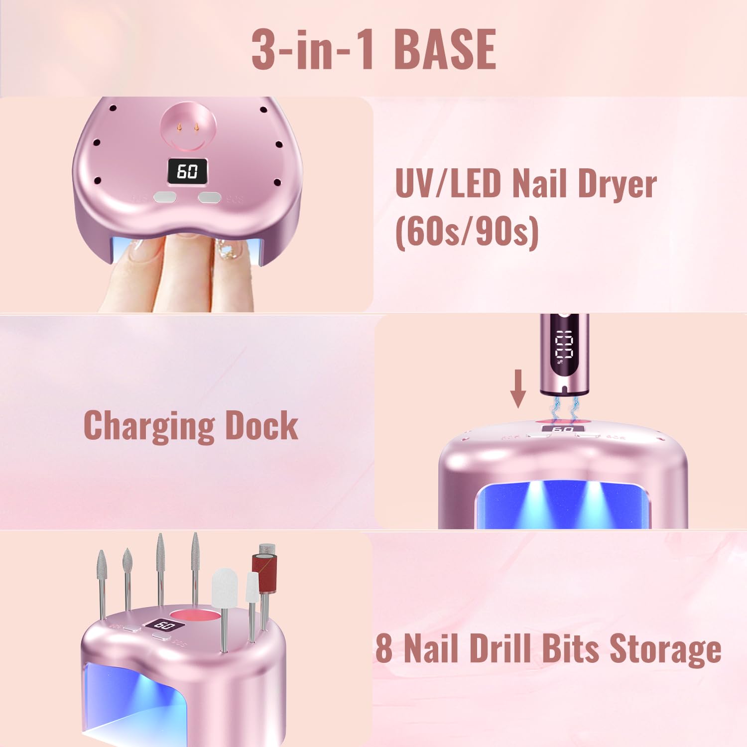 Ponceuse pour Ongles, Lime a Ongle Electrique Sans Fil Avec Lampe UV Et Écran LED & Support, Ponceuse à Ongles Professionnelle 35000 tr/min Manucure et Pédicure Kit Vitesse Reglable Rose