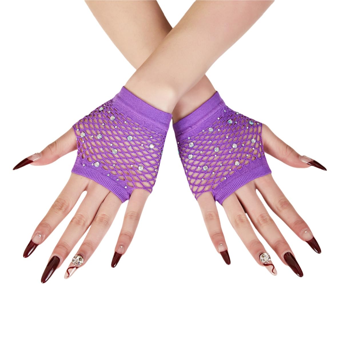 Rhinestones Fishnet Gloves, 1 Pair Mesh Fingerless Fish Net Sparkly Glitter Gloves, Stretchy Short Neon Mitten for 80s Party Cosplay, Arm Sleeves Bridal Glove for Wedding Halloween Nightclub Fancy