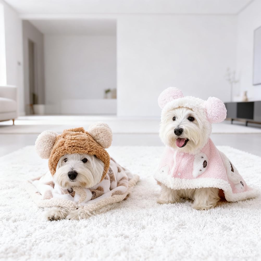 Dog Cape Blanket,Pet Cape Blankets For Dogs And Cats,Winter Warm Cozy Cape Blanket Bear Style With Ears (2SET, L)