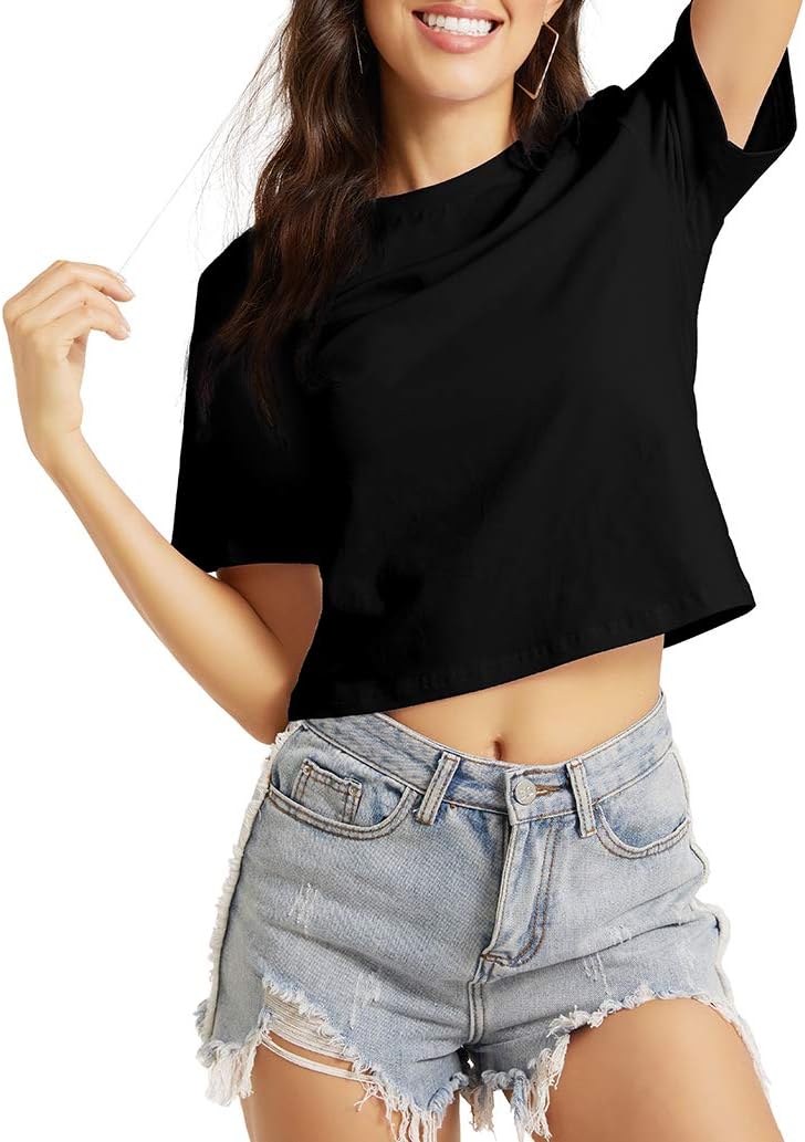 Women's Casual Loose Short Sleeve Crop Top Basic Solid Crop Crew Neck Tee Shirts - Image 2