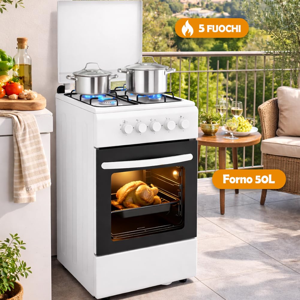 BAKAJI Cucina da Esterno Alimentazione a Gas con Forno e 4 Fuochi, Cucinino con Bruciatori e Griglie Rimovibili in Ghisa con Mobile e Accensione Ergonomica, Ideale per Esterni ed Interni (Bianco)