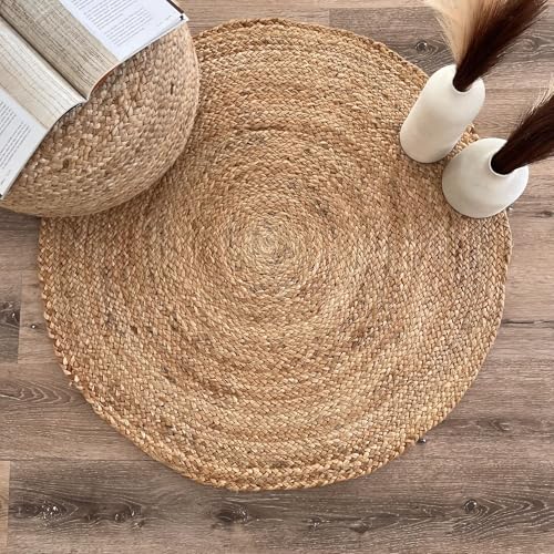 Theo Round Rug, 100% Natural Jute, Artistic Hand Woven Circular Round Rugs for Kitchen, Living Room, Bedroom, Bathroom, Farmhouse - 150cm Round, 150cm x 150cm