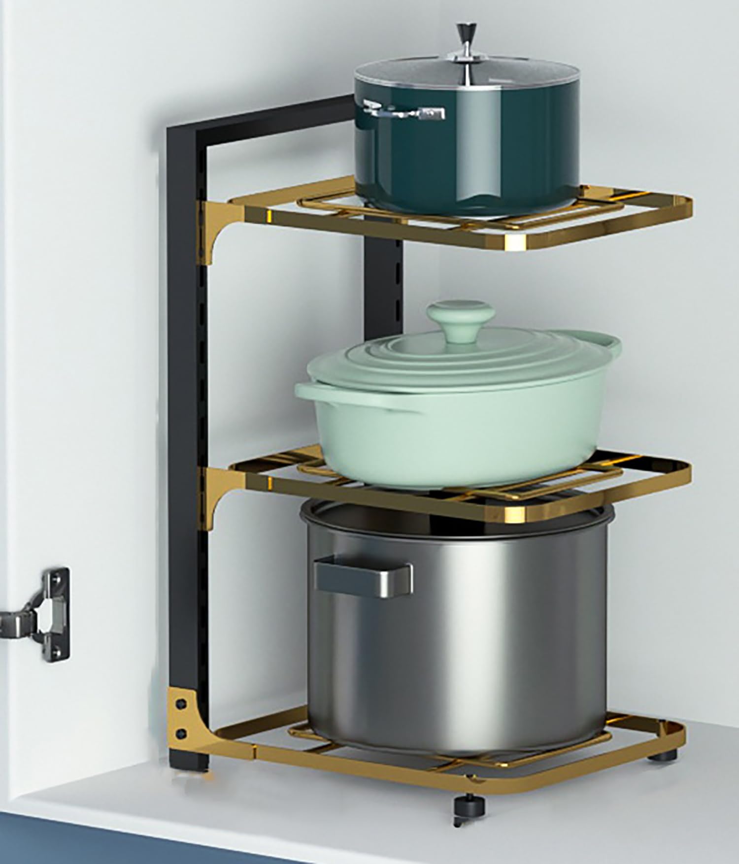 House of Quirk Iron 3-Layer Pots and Pans Organizer for Cabinet, Heavy Duty Pot Pan Corner Shelf Rack, Height Adjustable Under Sink Organizer, Cookware Stand for Griddles, Pans, and Bakeware