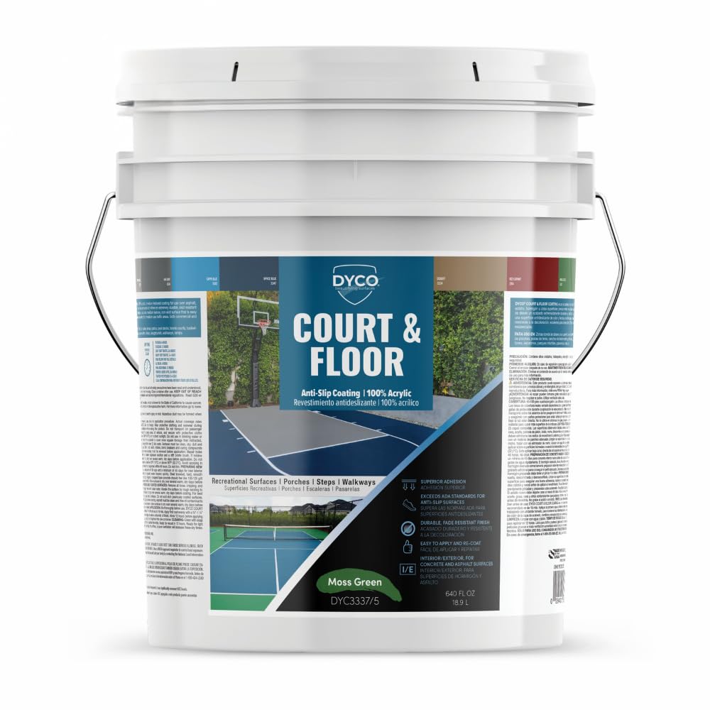 DYCO Court &amp; Floor Anti-Slip Coating - Slip Resistant Pavement, Cement &amp; Concrete Paint for Pickleball, Tennis &amp; Basketball Courts, Exceeds ADA Standards for Safety Areas (Moss Green, 5 Gallons)