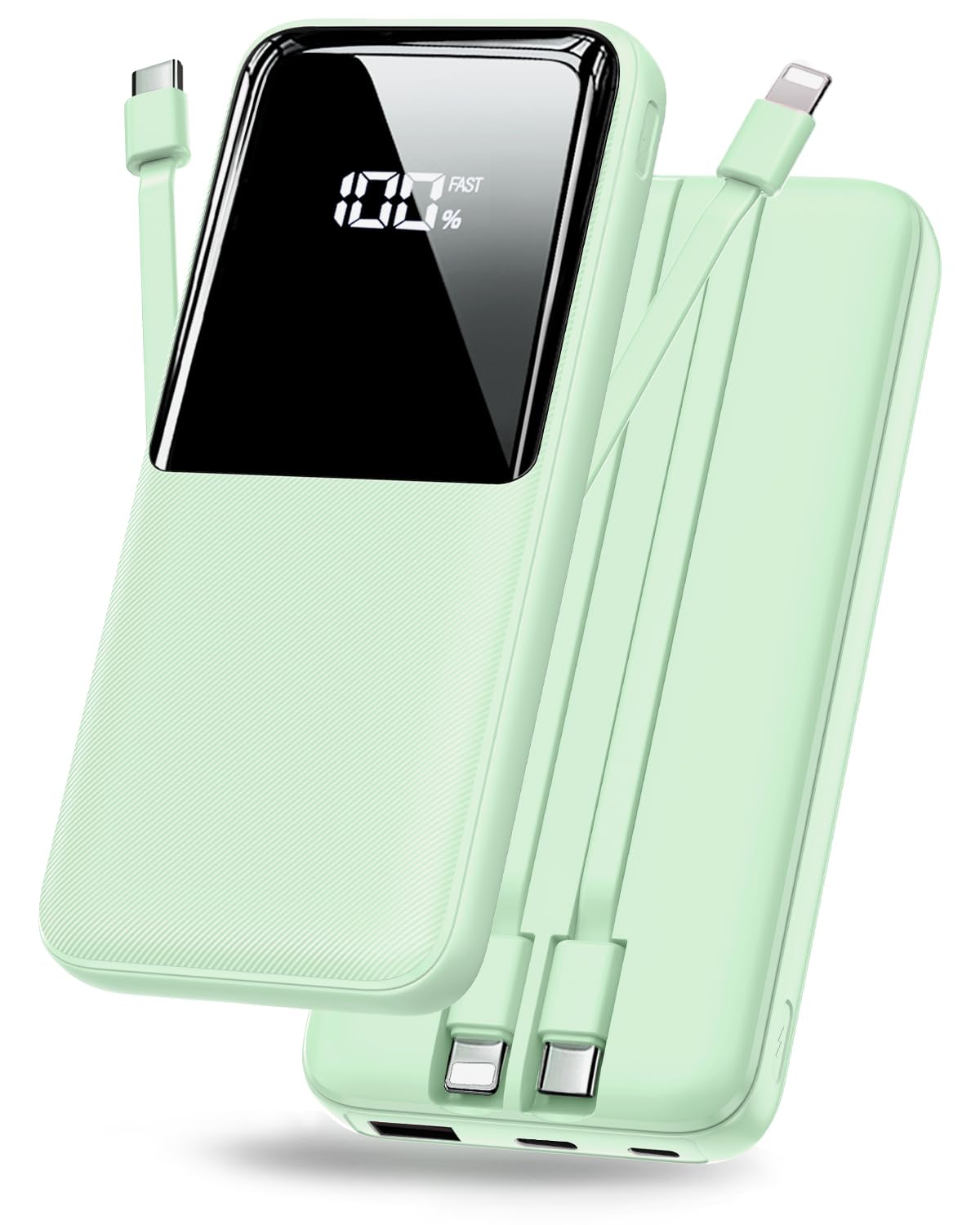 Power Bank Schnellladung, 15000mAh Tragbares Ladegerät, Blassgrün | Integrierte USB-C/iOS-Kabel, Lädt 4 Geräte, LED-Display, 22,5W Powerbank für iPhone 17/16/Android, TSA-geprüft