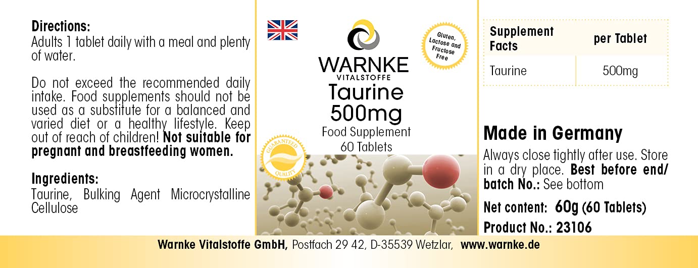 Taurina 500 mg - 60 Compresse - Vegan | Warnke Vitalstoffe - Qualità da farmacia tedesca