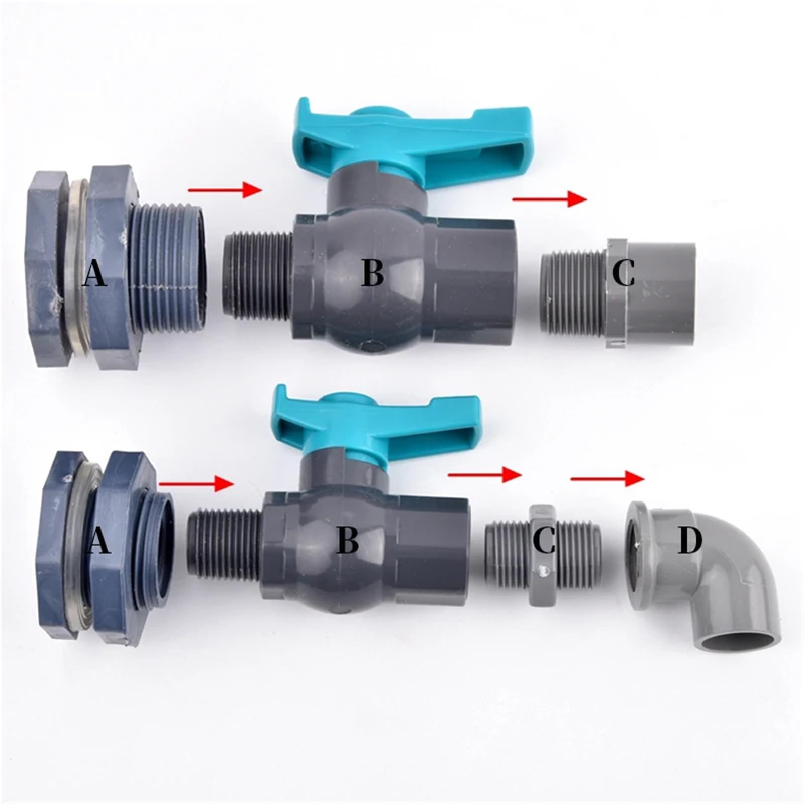 Adaptador de válvula bola PVC 1/2", 3/4" y 1" for tanque peces, riego jardín, acuario, tubería entrada, drenaje, conexión reparación(1l2 Inch)