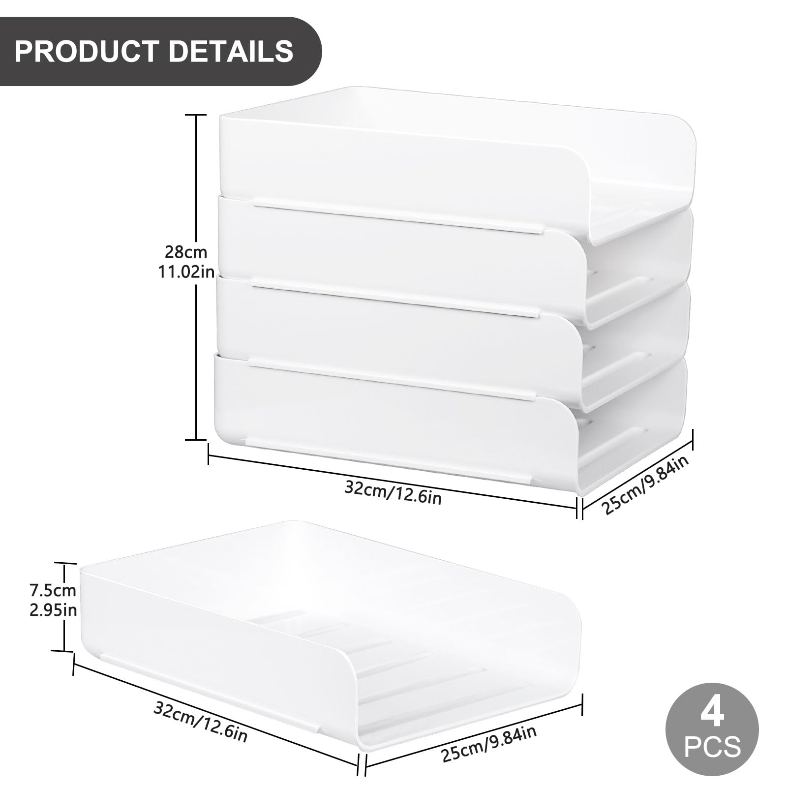 Greentainer 4-Stöckige Ablagekorb für A4, Dokumentenablage aus PET Kunststoff, Stapelbare Schreibtisch Organizer Briefkorb, Briefablage,A4-Papierablage für Zuhause,Büro,Schule(4pcs Weiß)
