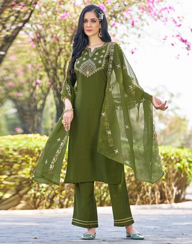 Image of SIRIL Rayon Viscose Suit Set for Women | Sequence Embroidery Kurta with Pant & Dupatta | Straight Kurta Set