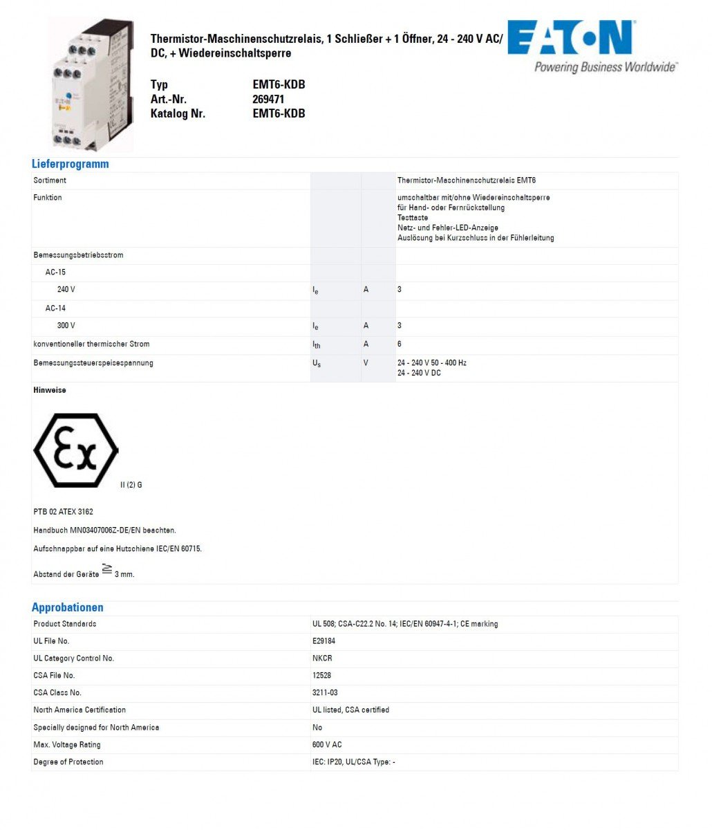 EATON EMT6-KDB Relés Termistor para Protección de Máquina, Conmutable con/sin Enclavamiento de Rearme, 230 V, 50/60 Hz