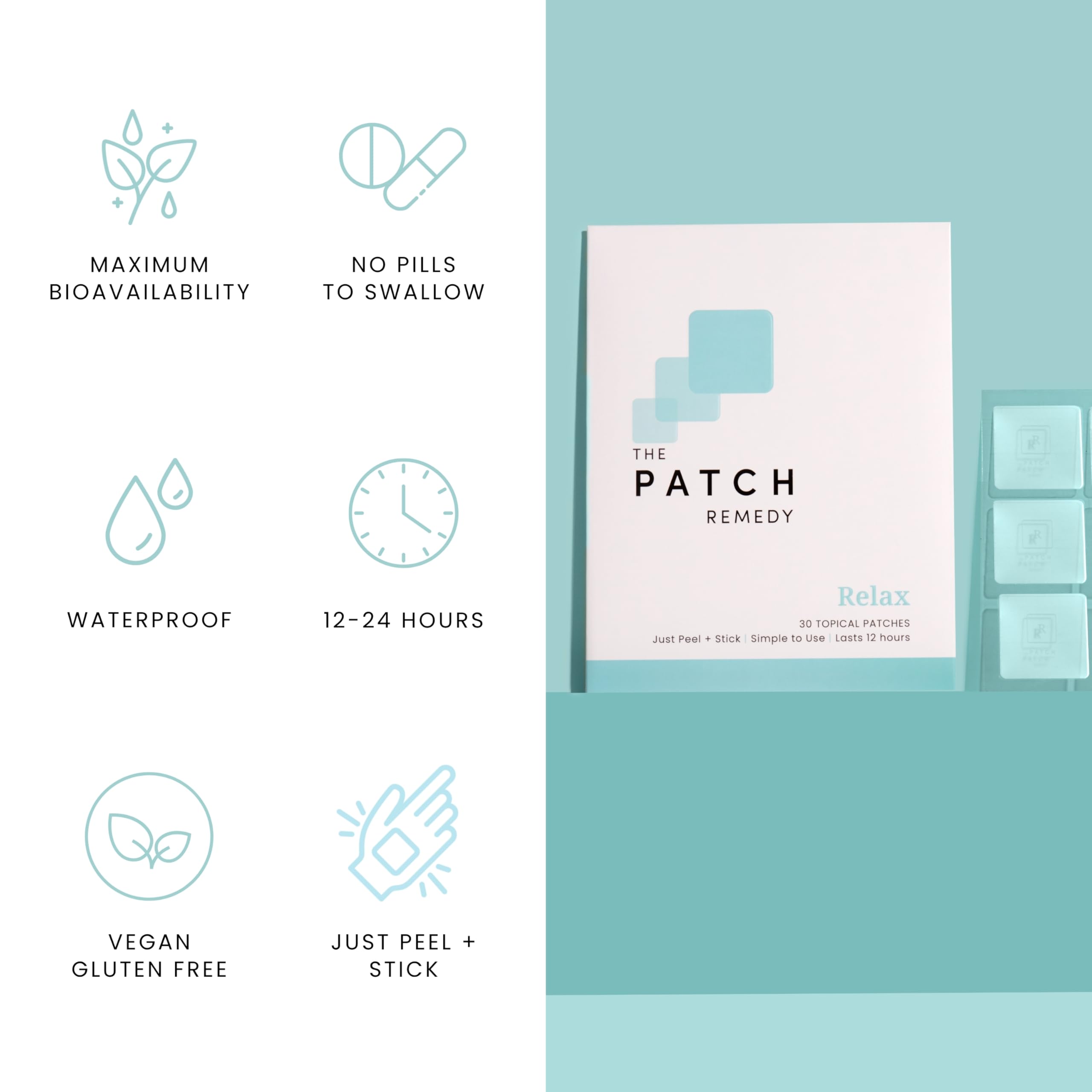 The Patch Remedy Parches relajantes – 30 parches tópicos para aliviar el estrés con Ashwagandha, L-teanina, bálsamo de limón, valeriana, pasiflora, vitamina B6, Rhodiola Rosea | Calmante, aliviador,