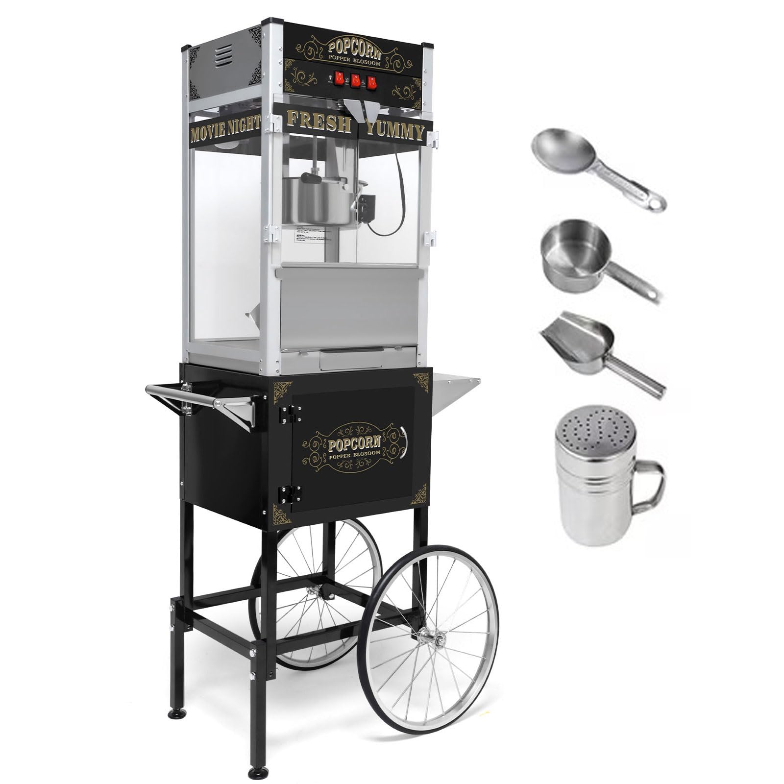 Commercial Popcorn Maker with Cart &amp; 20oz Kettle, 1440W Vintage Popcorn Machine on Wheels with Tempered Glass &amp; Warming Deck for Theater, Business, Home Party Events, Black