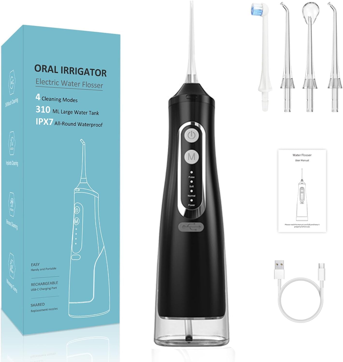 Oryzom Hydropulseur,Sans Fil pour un Soin Dentaire & Buccal Optimal, 5 Modes & 4 Embouts, Réservoir de 300 ml, Étanchéité, Jet Dentaire Portable pour un Voyage (Noir)