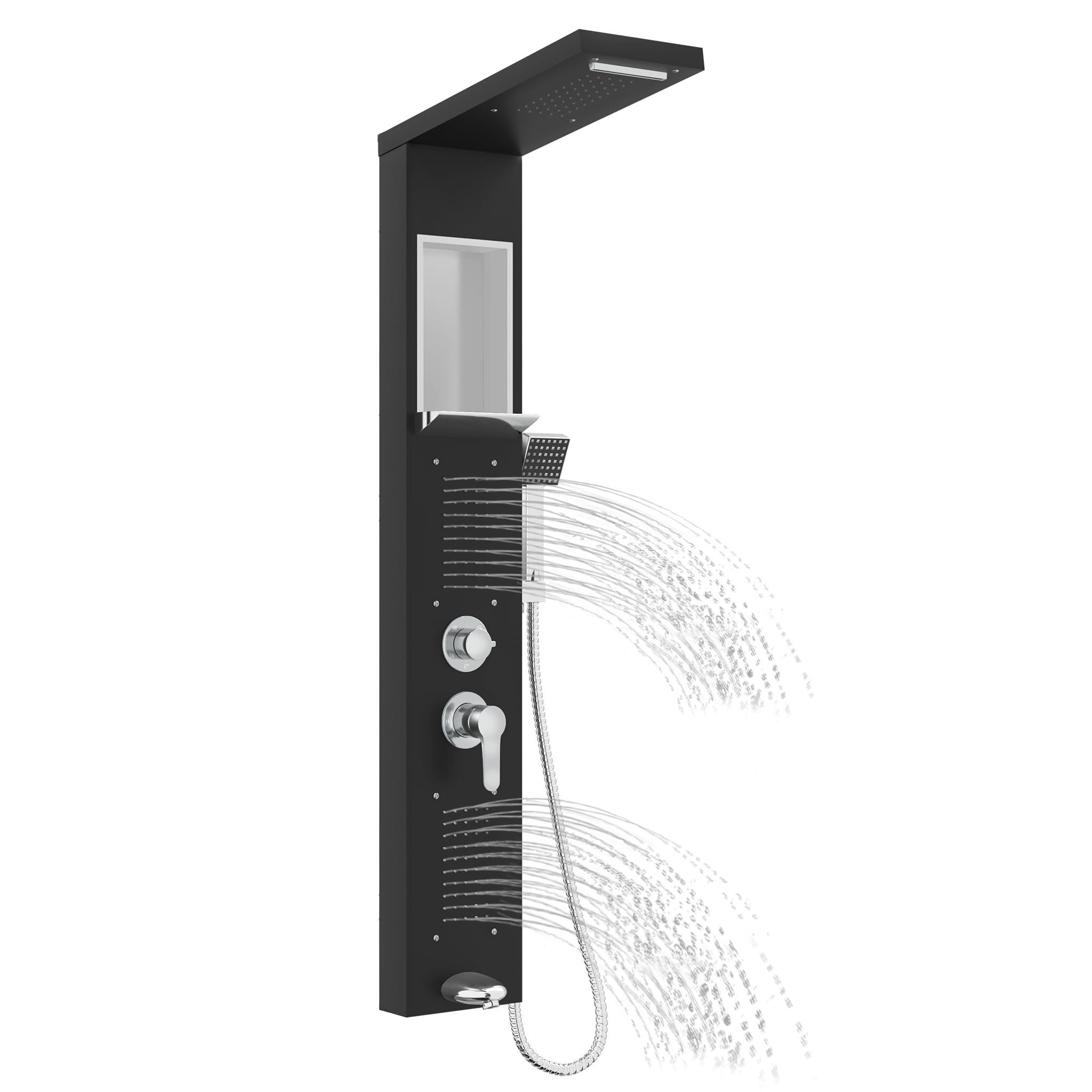 LZQ Panel de ducha de acero inoxidable, sistema de ducha de 5 funciones con ducha de lluvia, cascada, 2 chorros de masaje, ducha de mano y salida de bañera, juego de ducha montado en la pared (negro)