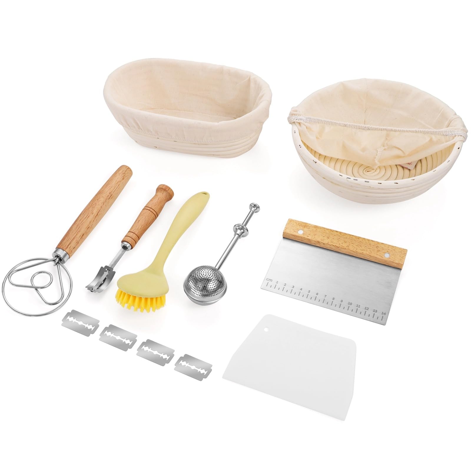 Brot-Gärkörbe-Set, 9 Zoll rund und 10 Zoll oval, mit Brotklinge, dänischem Schneebesen, Teigschabern, Sieb, Reinigungsbürste, Sauerteig-Backset, Brotbackwerkzeug