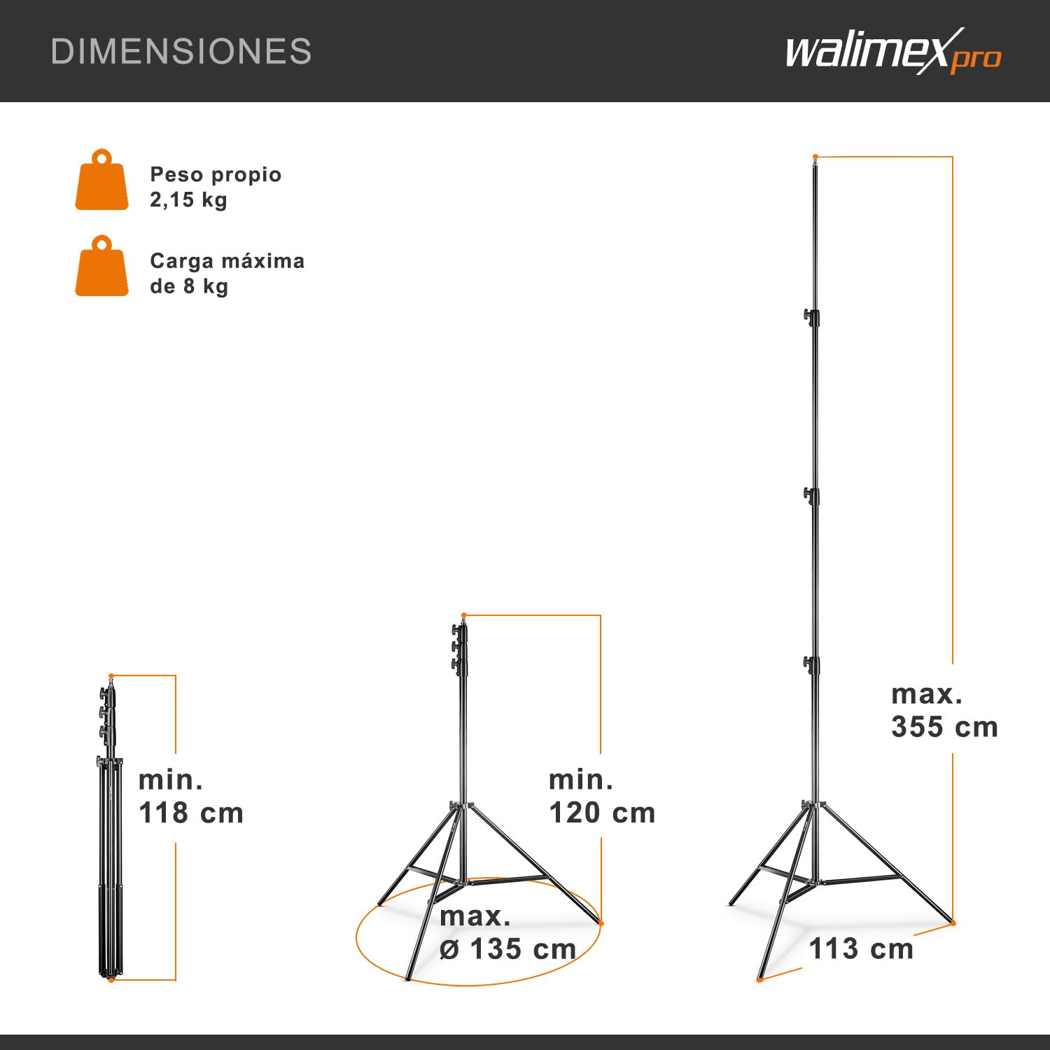 Walimex pro AIR 355 Soporte de luz - Trípode con suspensión de aire, altura máx. 355 cm, carga 8 kg, alto y estable, aluminio, para estudio de fotografía o exterior con bolsa