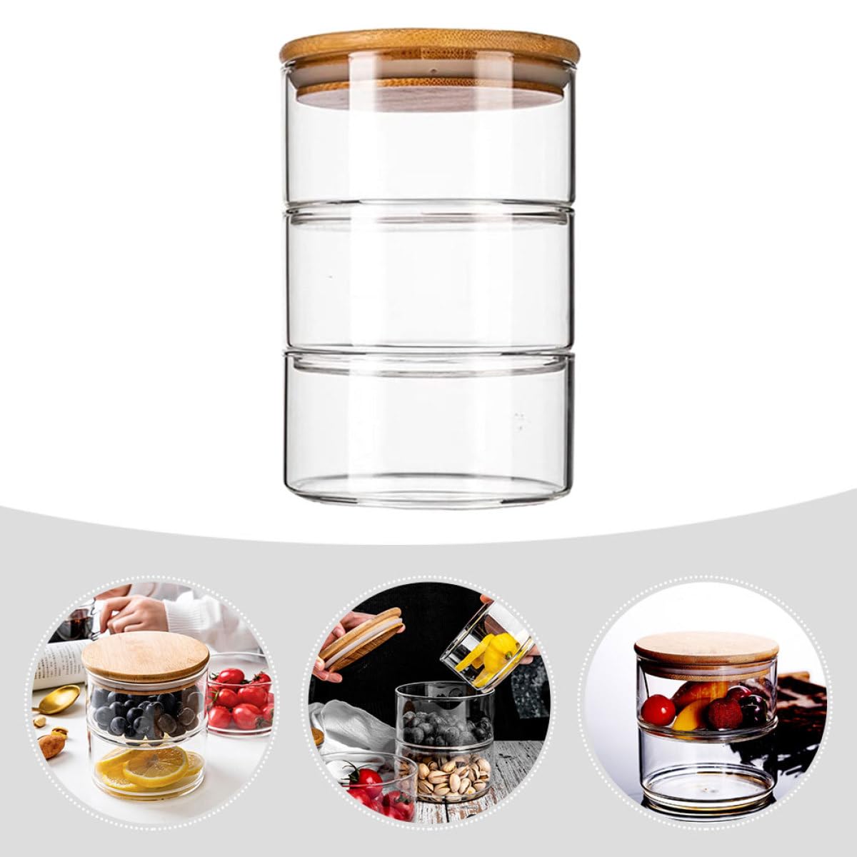 Bol de Ensalada de Vidrio con Tapa, Juego de 1, Bambú | Apilable y Ahorro de Espacio, Fácil de Limpiar, para Restaurantes y Decoración Fotográfica