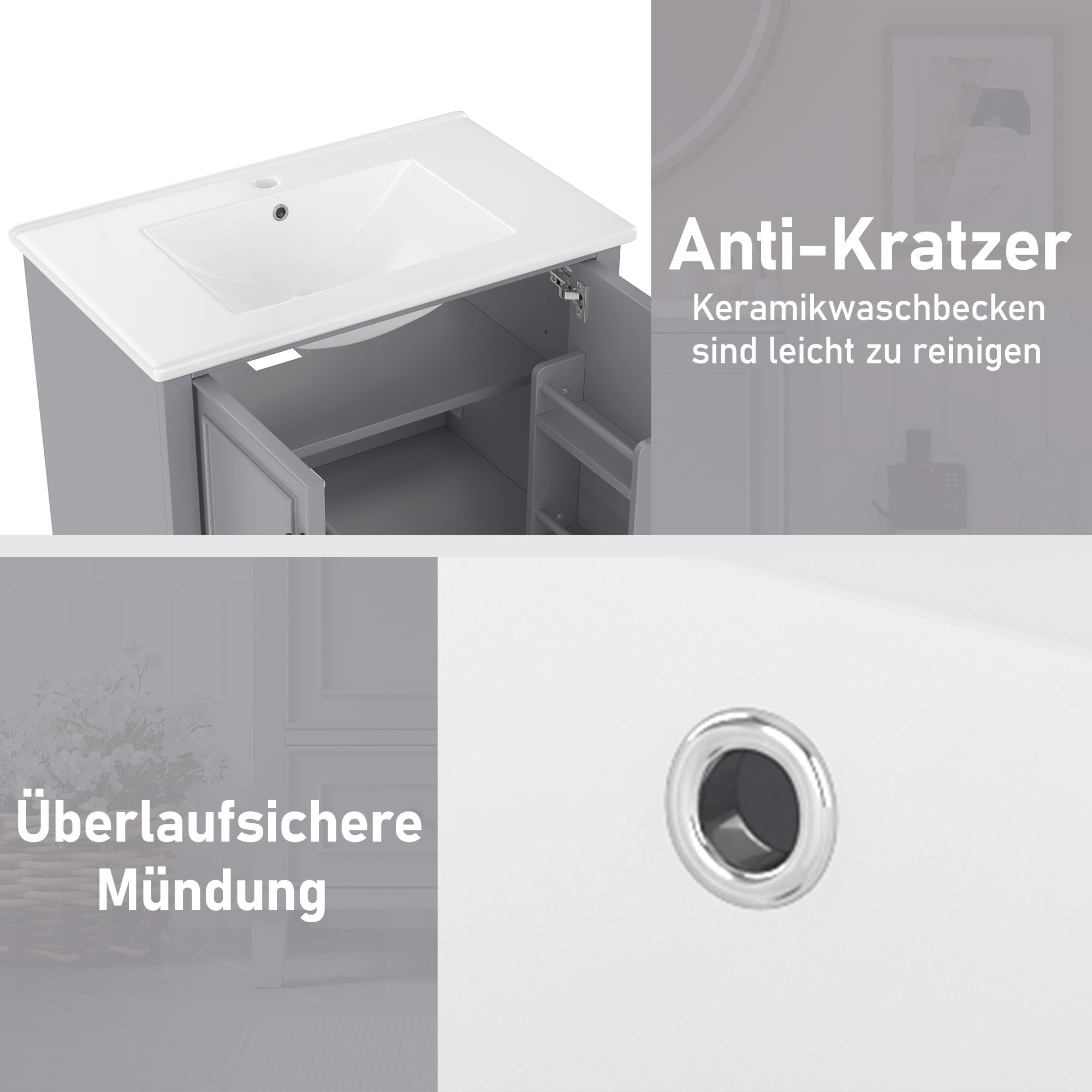 Merax Waschbecken mit Unterschrank, Bodenstehender Badezimmerschrank mit Waschbeck, Waschtisch, Beine aus Massivholz, feuchtigkeits- und wasserdicht, Keramikwaschbecken, Grau, 76x46x87cm