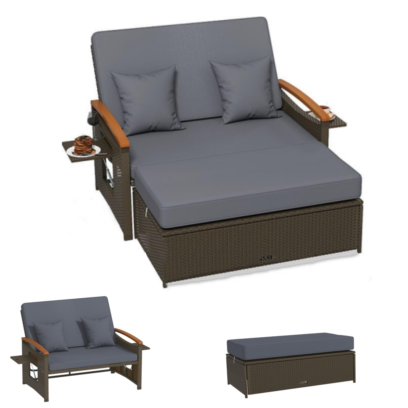 LIFEZEAL Rattan Gartenlounge Set, Lounge Möbel Outdoor, Gartensofa mit Liegefunktion, Outdoor Sofa mit Stauraum, Loungemöbel 2 Personen für Garten, Terrasse & Balkon (Grau+Schwarz)