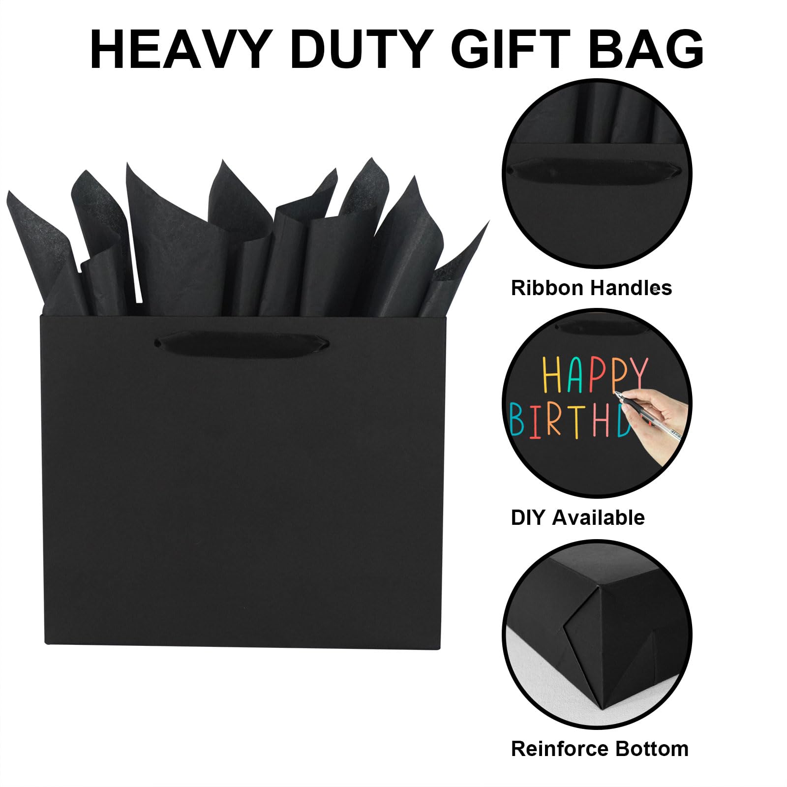 Elegant Black Gift Bag 11.8"x4.5"x9.8" with Ribbon Handles, Includes Card and Tissue Papers, Perfect for Birthdays, Weddings, Parties, Holidays, Baby Shower