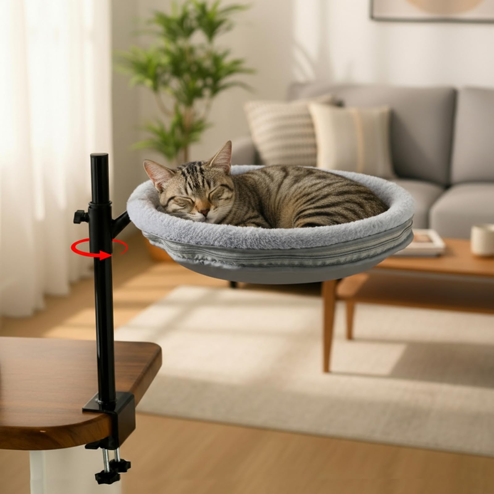 Katzenbett Schreibtisch, 360° drehbar & Höhenverstellbar, Max 33lb | Katzenkorb Schreibtisch mit 2 waschbaren Bezügen, Katzen Hängematte für Home, Office, Büroschreibtische, Spieltische-Grau